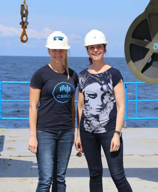ONBOARD FOR DISCOVERY: Researchers Amy Nau and Professor Martina Doblin aboard the Investigator after the discovery. Photos: supplied