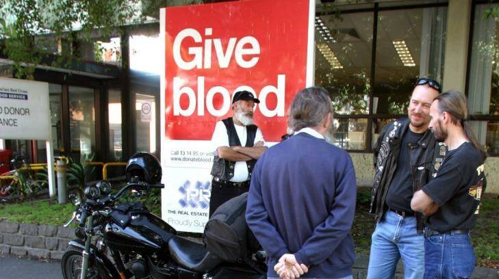 Members of the Melbourne Harley Owners Group at the Red Cross Donor Centre at the corner of Kavanagh and Balston streets, Southbank,for the annual summer blood donor challenge. Photo: Estelle Grunberg