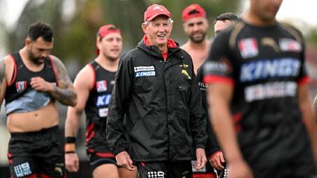Dolphins coach Wayne Bennett (centre) was cagey when asked about talks with the Rabbitohs. (Darren England/AAP PHOTOS)