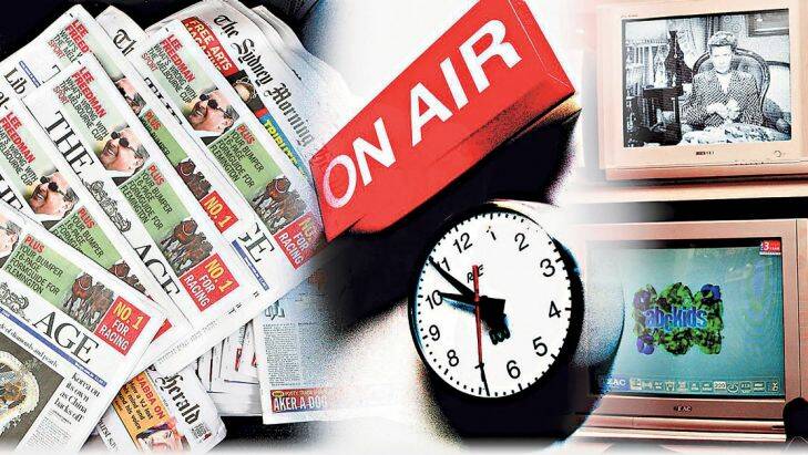 PHOTO ILLUSTRATION FOR MEDIA OWNERSHIP LAWS. Stack of newspapers, on air sign, televisions. Collage

Original pics:
Picture Simon O'Dwyer. 061010. age gen news. pic shows.
A stack of newspapers;
AFR. NEWS.021019. RADIO. ON AIR SIGN IN A BROADCASTING STUDIO ABOVE A CLOCK --- GENERIC RADIO , ABC , BROADCAST ---AFR FIRST USE---.PHOTO BY ROB HOMER /RCH 
PAY T.V.MELB.030522.AFR.PIC BY ERIN JONASSON...  GENERIC HOLD FOR FILES..   PAY TELEVISION IS BEING TURNED OFF BY MORE AND MORE PEOPLE EACH WEEK.
***afrphotos.com***