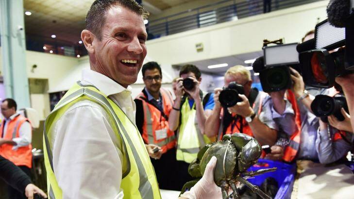 NSW Premier Mike Baird visited the fish markets on Friday morning, meeting buyers, looking at mud crabs and tuna and speaking to staff. 
 Photo: Nick Moir