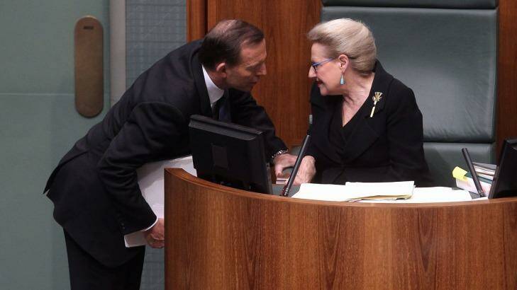 Prime Minister Tony Abbott speaks with  Speaker Bronwyn Bishop during a division in the House of Representatives. Photo: Alex Ellinghausen