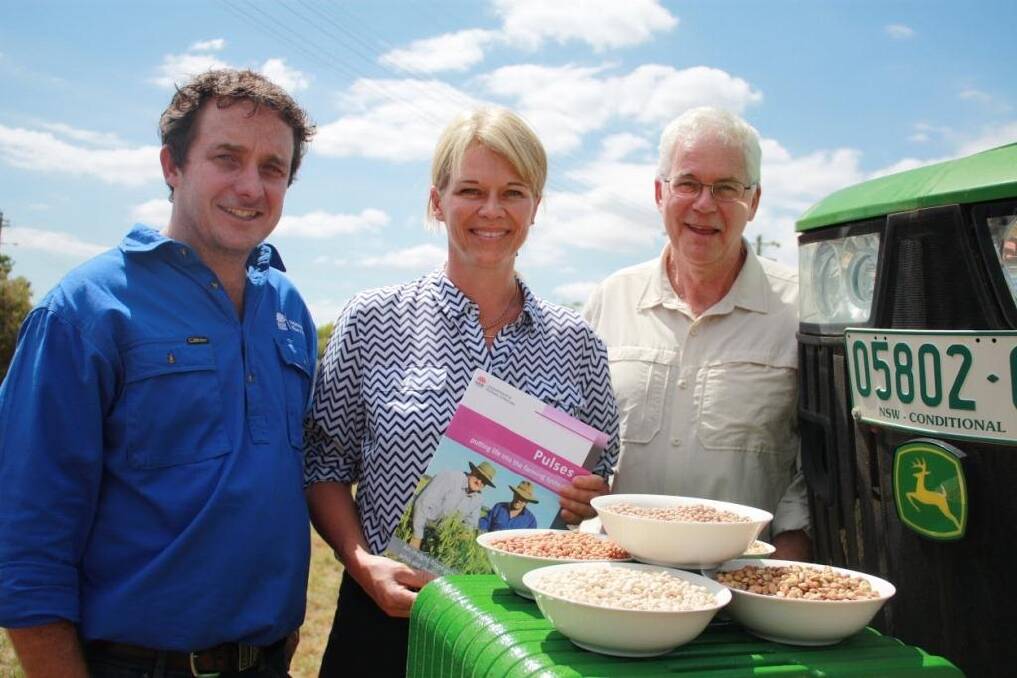NEW LIFE: Luke Gaynor - DPI Leader Southern Dryland Systems; Katrina Hodgkinson, Minister for Primary Industries; and Dr Eric Armstrong - DPI Pulse Agronomist at the Yanco Agricultural Institute officially launching a new guide for farmers and farm advisers, which highlights the benefits of integrating pulse crops in southern NSW farming systems.
