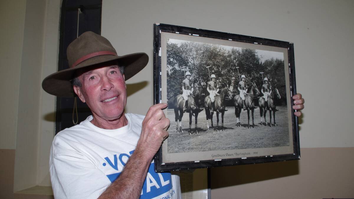 FAMILY ASSOCIATION: Tarlo man Wal Ashton proudly holds a photo of his father James and his father’s three brothers Phil, Geoff and Bob, who competed in a polo tournament at the Hurlingham Polo Association club in England in 1930. Mr Ashton brought the photo to his preelection party at St Saviour’s Hall in Goulburn in late March of this year. Photo: Darryl Fernance 