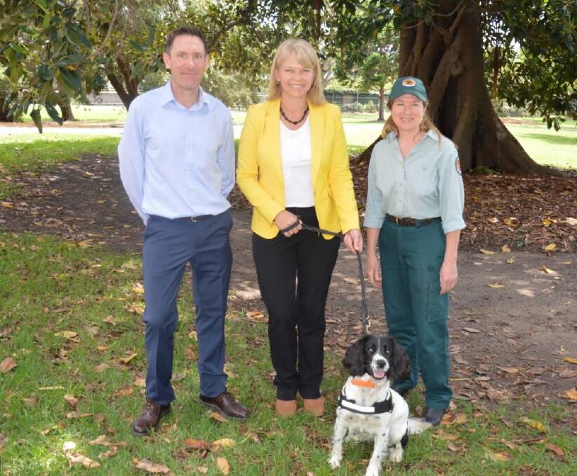 Missy the Weed Eradication Detector Dog with Scott Charlton, NSW Department of Primary Industries; Minister for Primary Industries Katrina Hodgkinson and Hilary Cherry, NSW National Parks and Wildlife Service. 