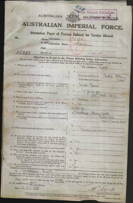 SIGNED UP: Snowy Mountains miner Bill Cook’s enlistment form, dated December 11th, 1917. Little did the army know he would only last 24 days!