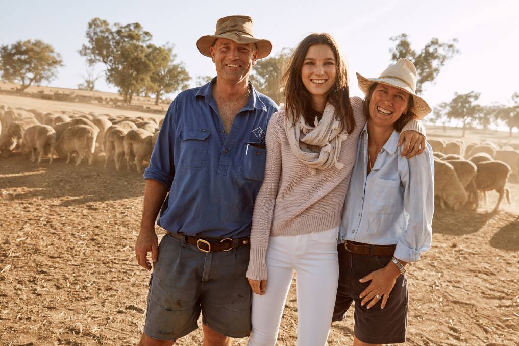 HEIR APPAREL: Stephanie Field with parents Michael and Angela at Benangaroo Station. 