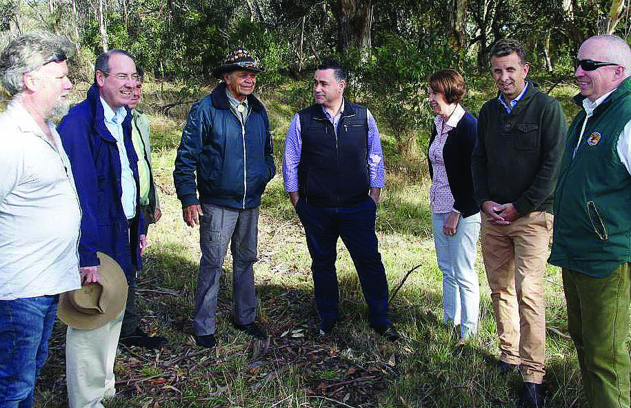 MPs Andrew Constance and John Barilaro with Pastor Ossie Cruse and Leslie Williams during a Bundian Way tour on Friday, May 13. Photo: Eden Magnet 