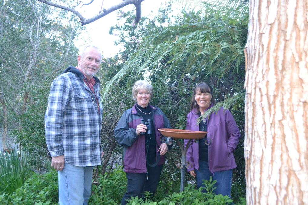 KEEN: Citizen scientists Richard Nipperess, Mandy Anderson and Ann Christiansen are keen to see what birds show up at their bird baths. Photo: Stan Gorton 