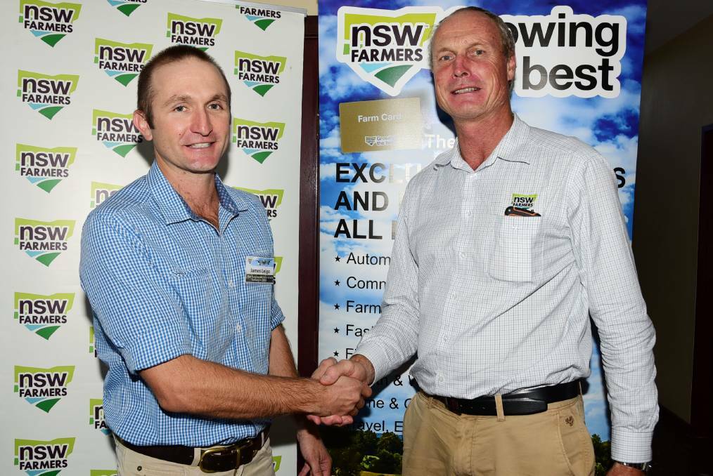 The inaugural NSW Young Farmer Business Project officer James Leigo with NSW Farmers president Derek Schoen. Photo: Brook Kellehear-Smith