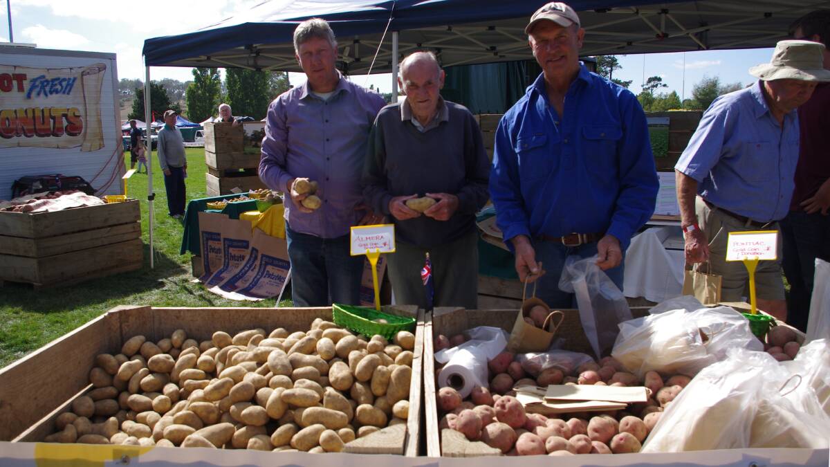 QUALITY ASSURED: Crookwell Potato Growers association president (left to right) Matt Gay with long time growers Keith Clarke (centre) and Kim Weir and examples of the fine quality spuds grown in the district from certified Crookwell seed potatoes. 