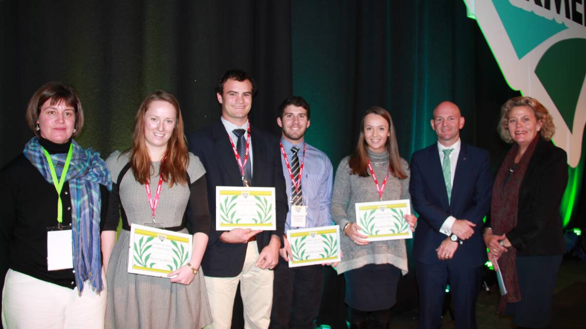 WINNERS: (Left to right) Sonia O’Keefe (scholarship selection panel chair); Alice Grellman (Wee Waa); Charlie Coles (Boorowa); Craig McGlashan (Coonabarabran); Phoebe Wood (Armidale); Minister Niall Blair; and Fiona Simson (Outgoing President, NSW Farmers). 