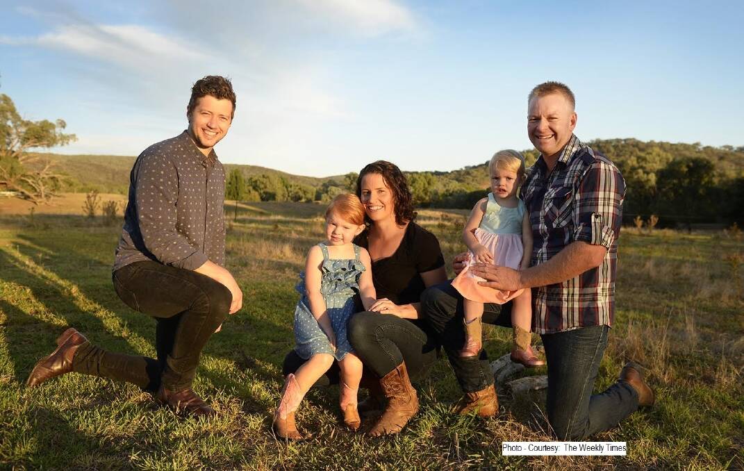 Sam Marwood and Tim Hicks aim to link retiring farmers, private investors and new entrants into agriculture via the Cultivate Farms platform. They are pictured with Tim’s wife, Tegan, and their children, Rosie and Belle. Photo courtesy The Weekly Times. 