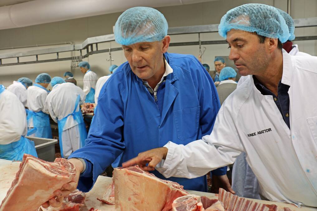 INSPECTION: Heath Newton, general manager, and Mick Fitzsimmons, livestock manager, inspect the Charollais cross carcasses at the Junee abattoir. 