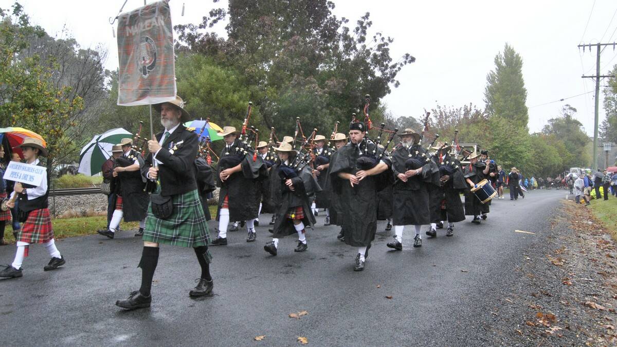 The Goulburn Soldiers Club Pipes and Drums march with Clan MacLean. Photo by Megan Drapalski