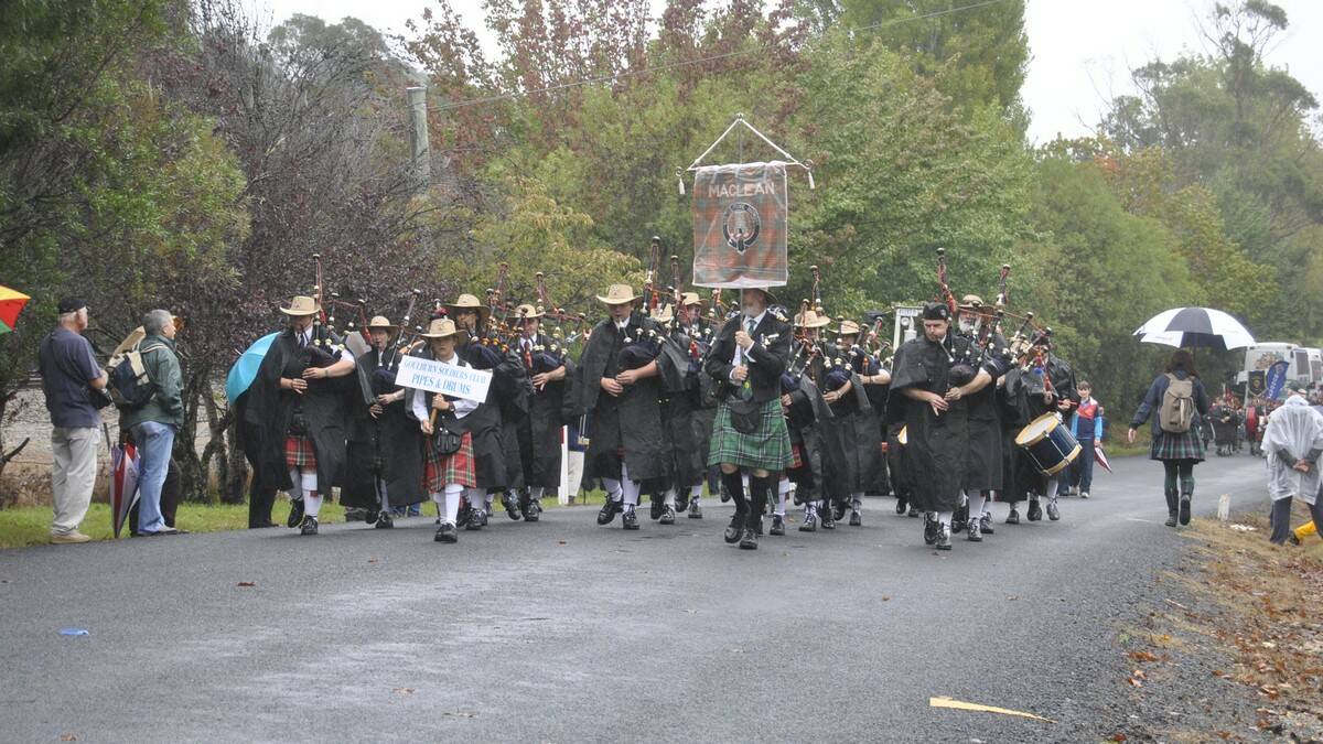 The Goulburn Soldiers Club Pipes and Drums march with Clan MacLean. Photo by Megan Drapalski