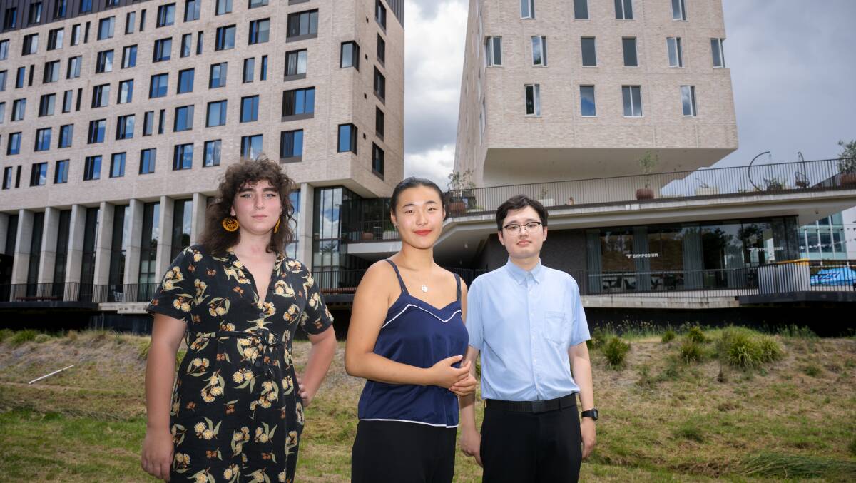 ANU students Skye Predevac, 20, Reese Chen, 21, and Hyunbin Ryu, 20 moved out of campus accommodation due to rising costs. Picture by Sitthixay Ditthavong