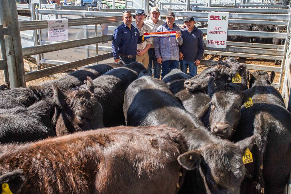 Joel Conron, Bailey Anderson, Greg Anderson and Peter Keary, Bendemere Bannister & Barry Toesch, with the champion pen of 18 Angus heifers, selling for $655/head.
