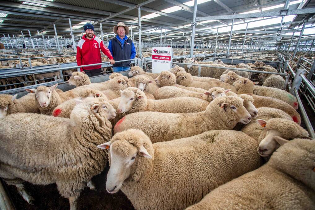 Topping the market for the second week running - Adam Selmes, Pejar with Jock Duncombe, Duncombe & Co who sold 21 crossbred lambs for $328 a head.