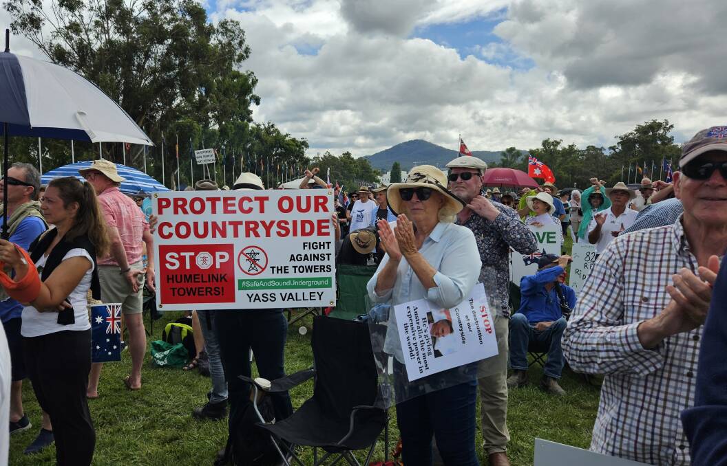 HumeLink protesters from Yass, Goulburn and elsewhere gathered at the Reckless Renewables rally in Canberra in February. Picture by Mary-Jane Betts.