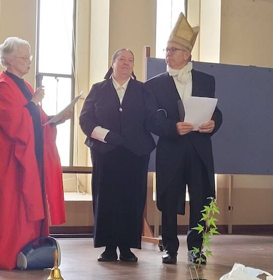 Acting Saint Saviour's Cathedral Dean, Anne Wentzel, Debra McConnell and Phil Fraser played out a re-enactment of Bishop Mesac Thomas and wife, Mary's arrival in Goulburn in 1864. Picture supplied.