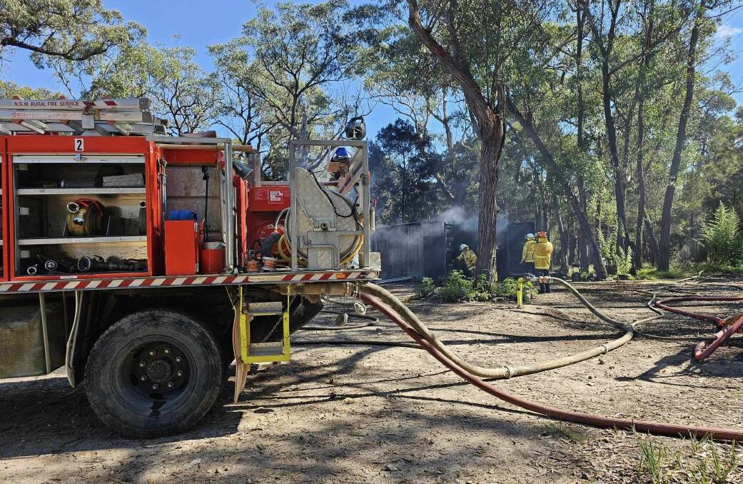 RFS crews on the scene of a shed fire on Cullulla Road, near Tarago on Sunday morning. Picture by Windellama RFS.
