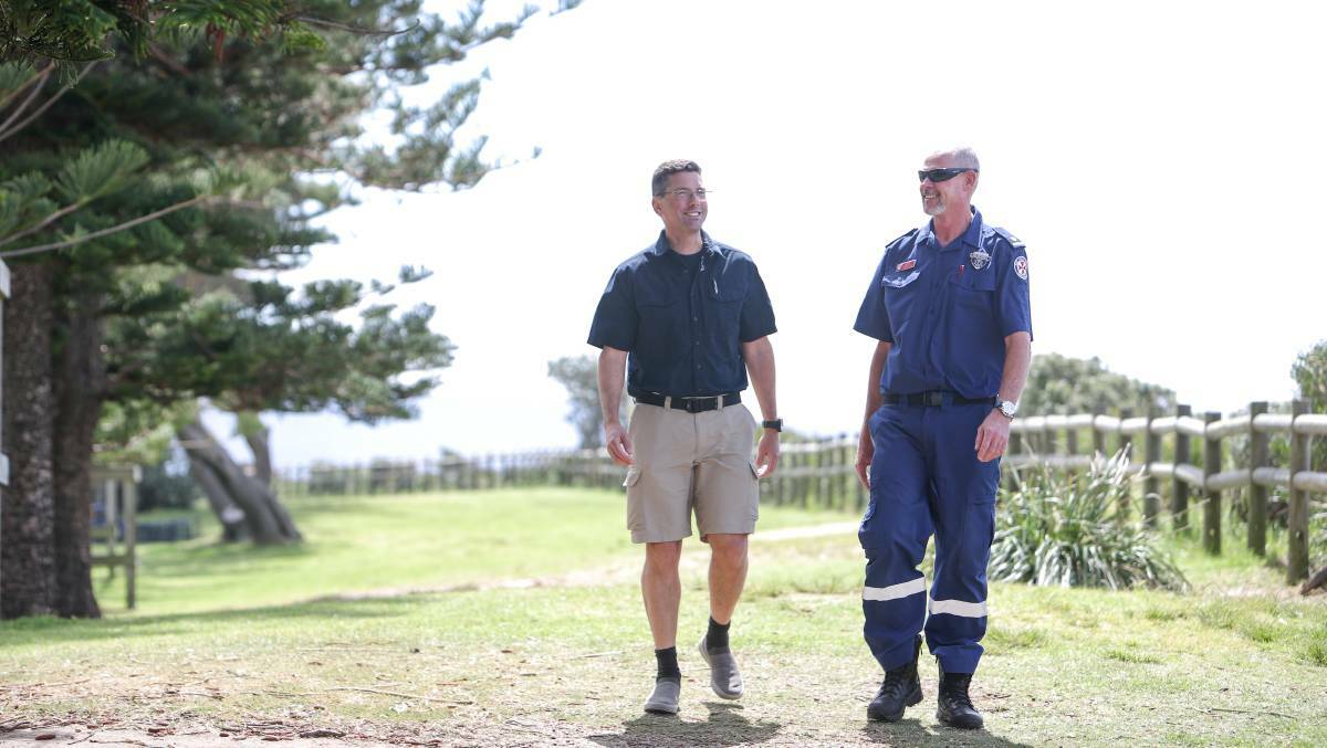 Dr Richard Pryor, emergency physician and former head of Wollongong Hospital's emergency department, with one of the paramedics who came to his aid, Inspector Matt Sterling. Picture: Adam McLean