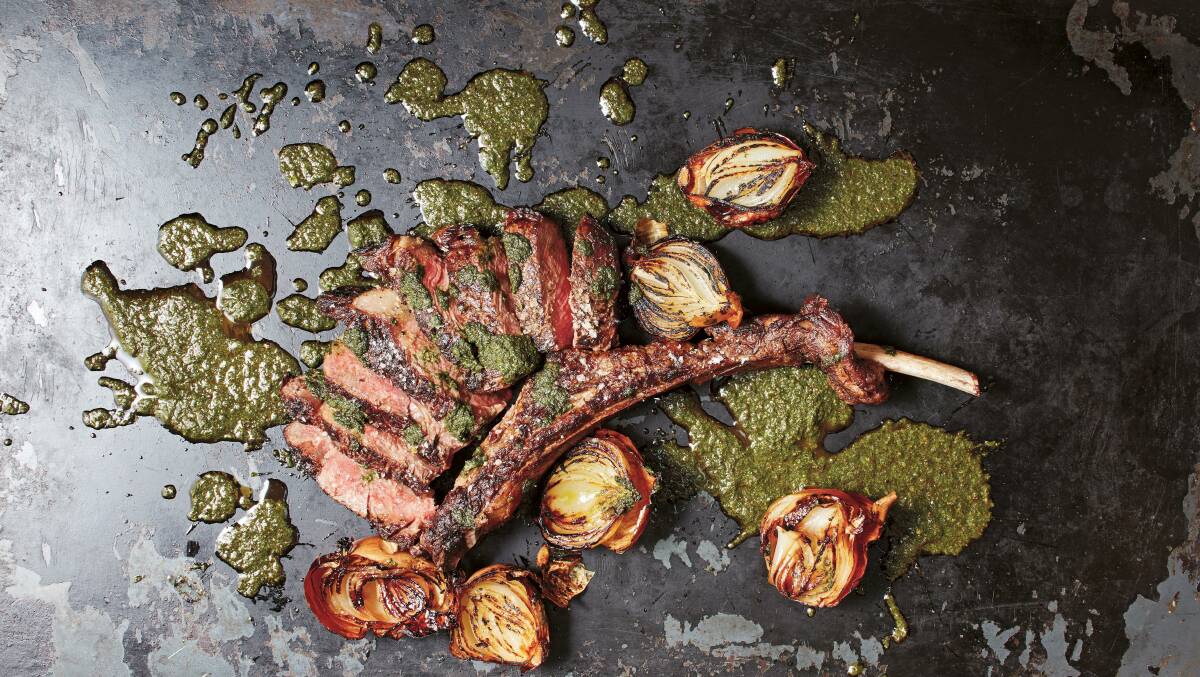 Grilled tomahawk with burnt onion and chimichurri. Picture: Bec Hudson