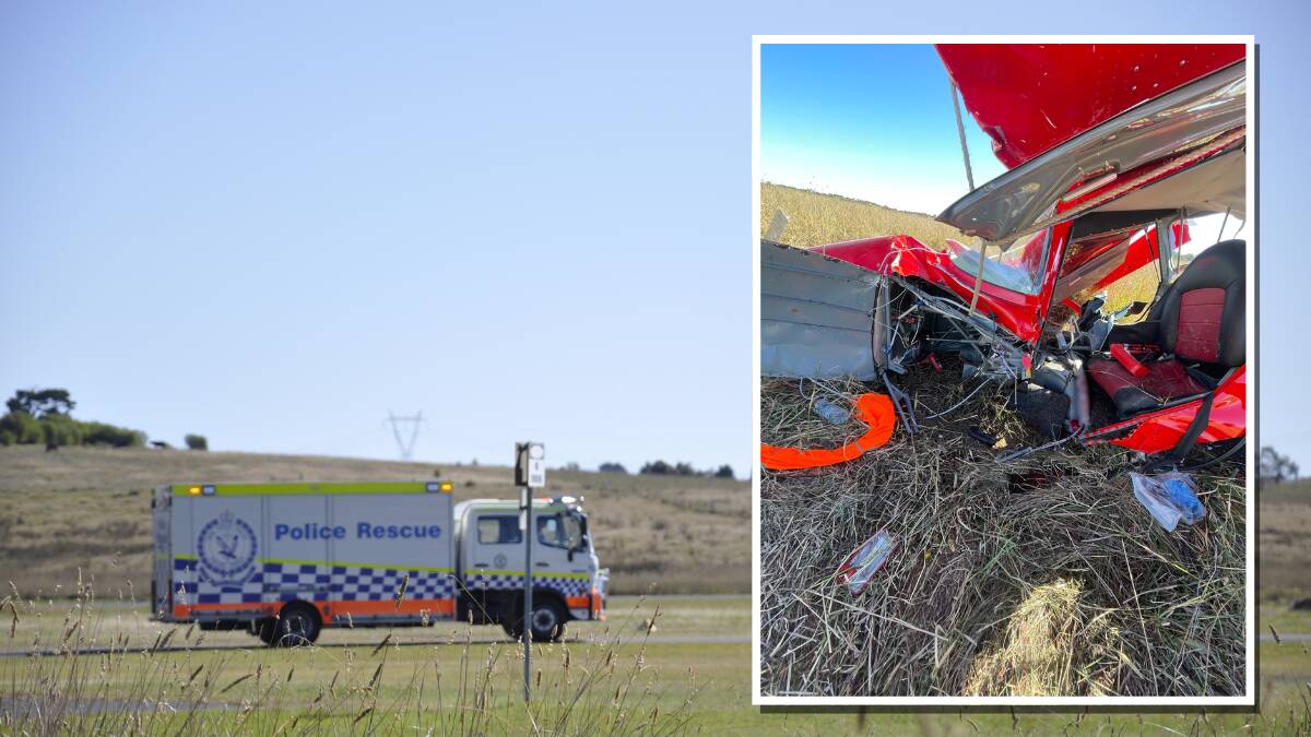 A 60-year-old Canberra man sustained head, leg and chest injuries in an aircraft crash near Goulburn. Pictures by Louise Thrower, supplied