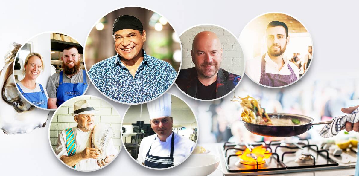 The cooking demonstrations at this year’s Narooma Oyster Festival features chefs Mark Olive, aka the Black Olive (top centre), then clockwise, Peter Hilcke, Paul Farag,  Stephen Hodges, David Tinker and MC Kelly Eastwood with Aidan Barry.