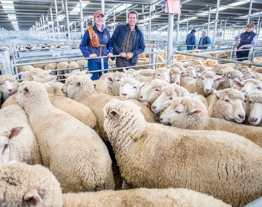 Tegan, Butt Livestock & Property, with Dean Lawton, ‘Lawton Wool & Lamb’, Gunning who topped the market with XB Lambs for $198ph. Photos: Heidi Grange