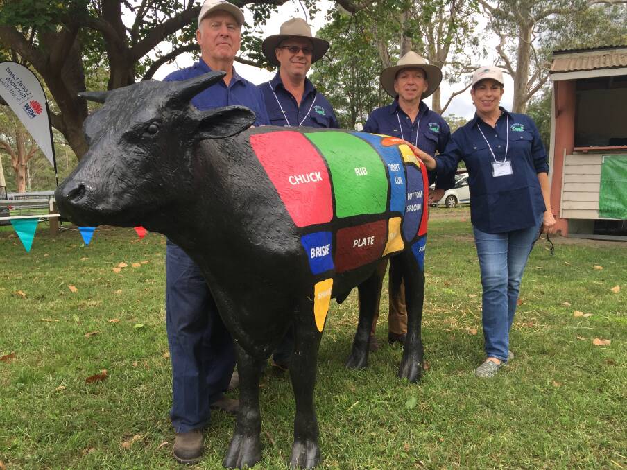 South Coast Beef Producers Association members Gary Marks, David Stewart, executive officer Rob Stafford and Liz Gee with Sizzler the display steer at the inaugural School Steer Spectacular at the Nowra Showground last year.
